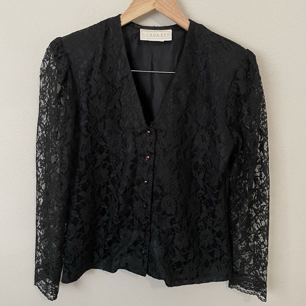 Vintage Gunne Sax Black Lace Jacket Sheer Floral Button Front Romantic Goth S/M